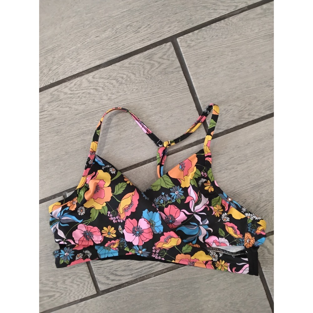 Victorias Secret PINK Floral Sports Bra Black Multi Color Racerback Logo Band